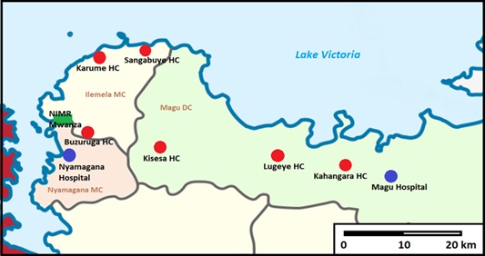 Map of BRIGHTSAM study sites across Ilemela, Nyamagana and Magu in Mwanza Region